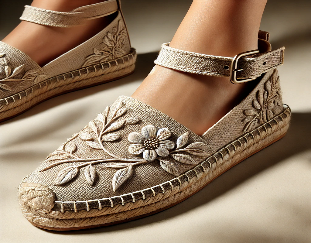 A pair of beige embroidered espadrilles with ankle straps worn by a model.