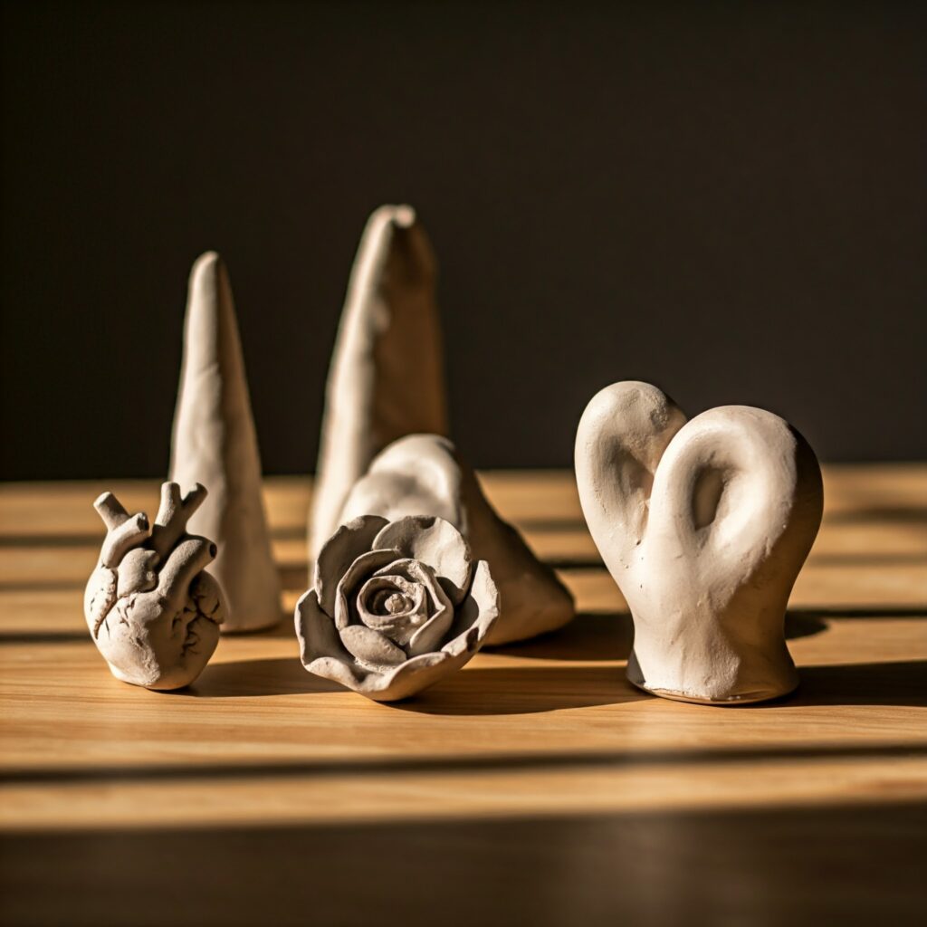 Clay sculptures of a heart, cone, rose, and pretzel on a wooden surface against a dark backdrop.