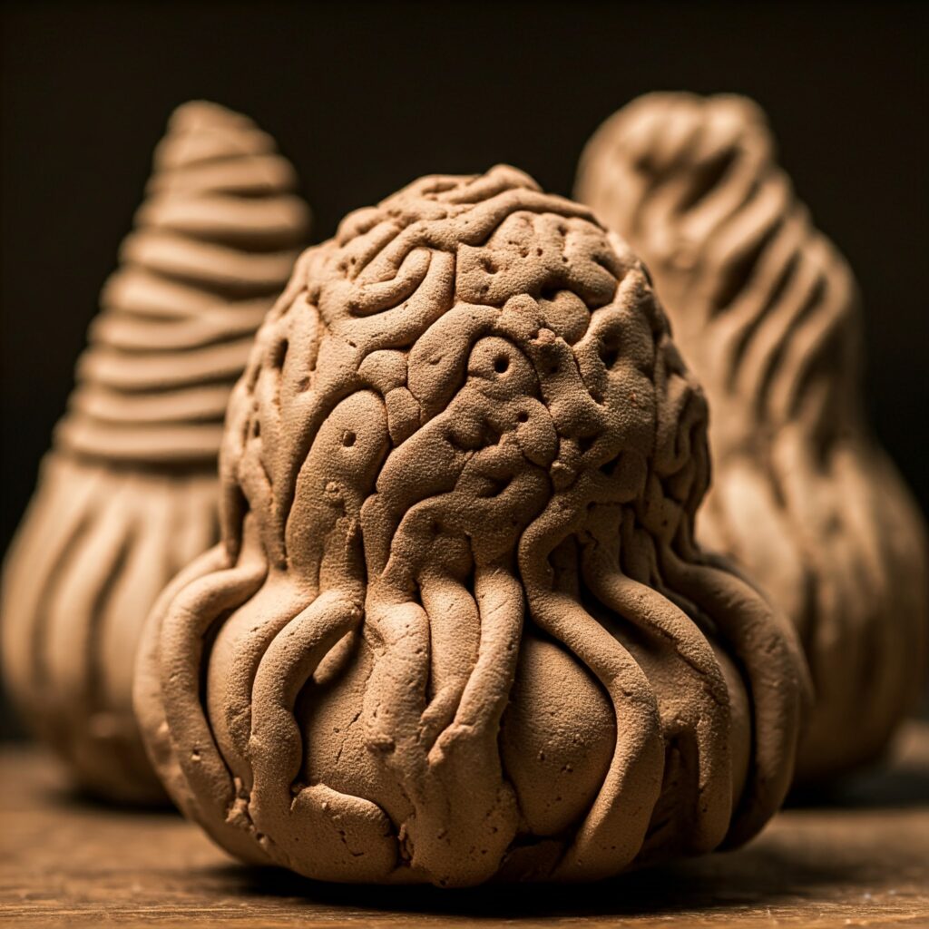 Close-up of a detailed clay sculpture with intricate, brain-like patterns.