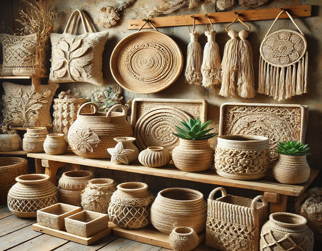 Rustic room filled with handmade wicker crafts, baskets, and decorative wall hangings.