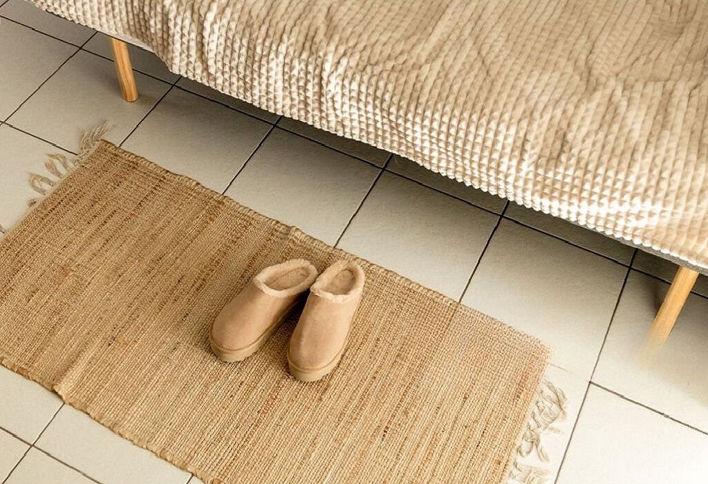 A pair of beige boots on a natural fiber mat beside a bed with a textured cover.