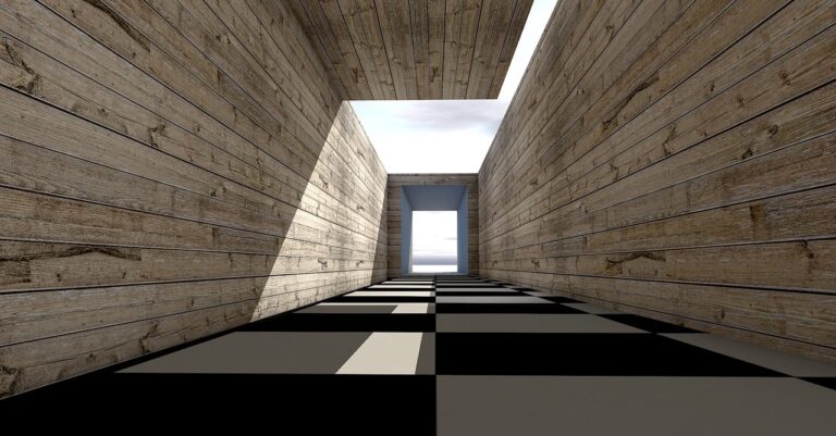 3D render of a wooden corridor with checkered floor leading to bright light.