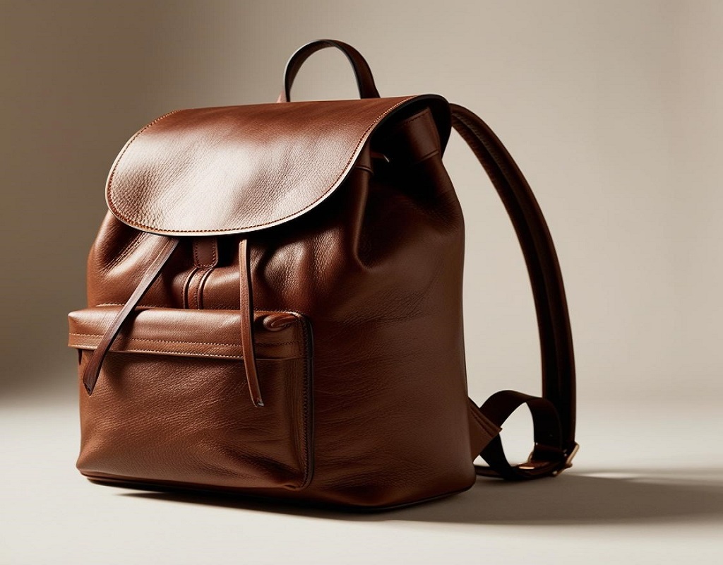 A stylish brown leather backpack with a flap closure against a beige background.