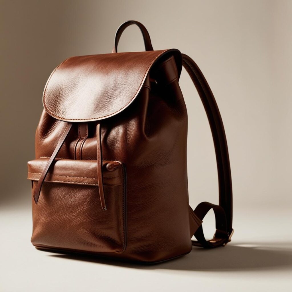 A brown leather backpack with a flap closure and a front pocket against a neutral background.