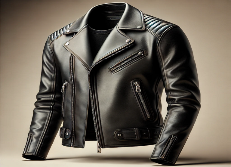 Black leather motorcycle jacket with zippers against a beige background.